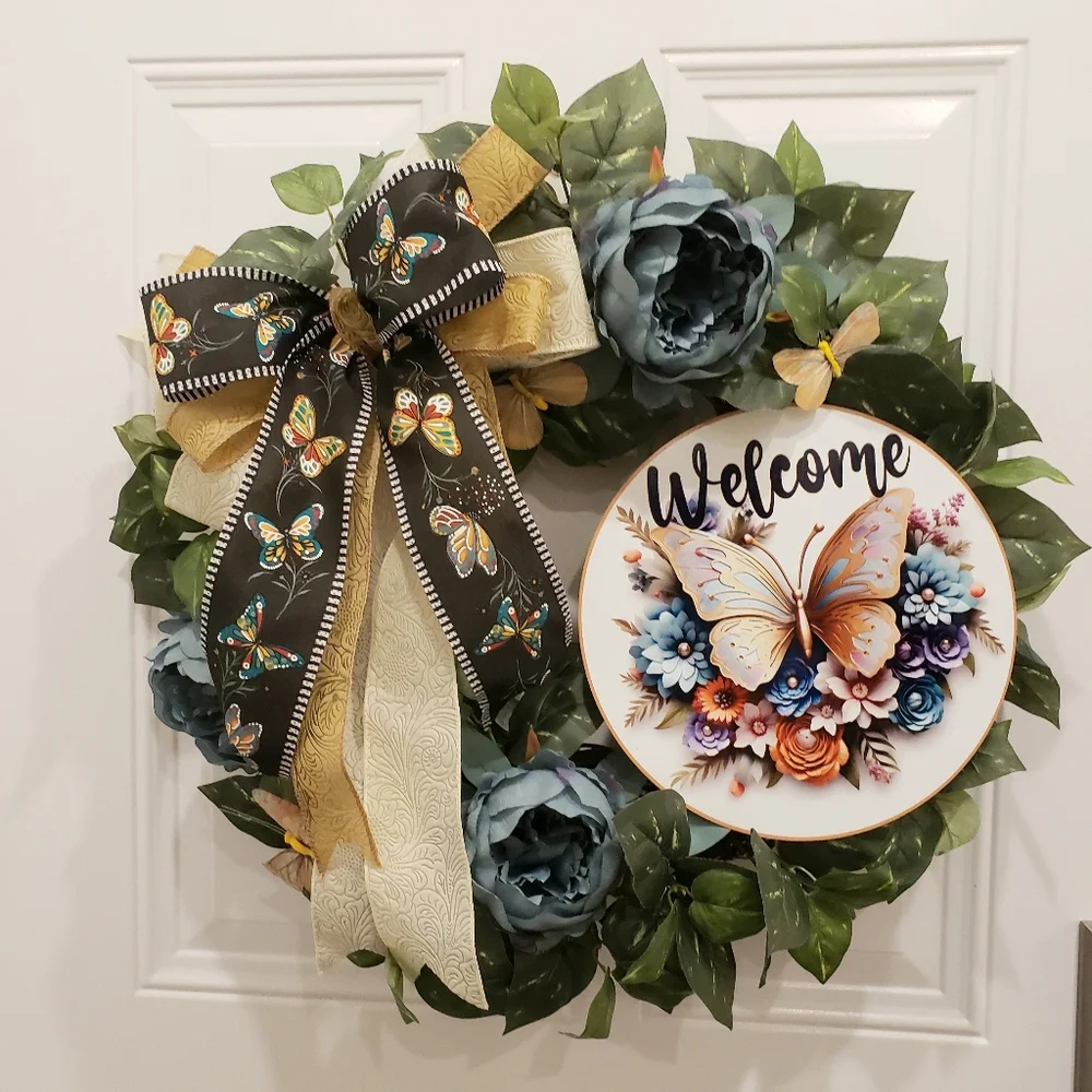 Butterflies and Peony Grapevine Wreath Smokey Blue, Cream, Black Handmade